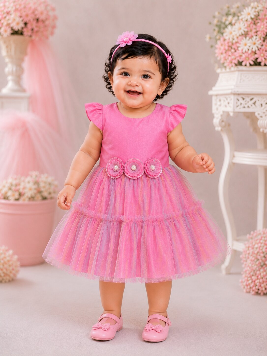Pspeaches Baby Girl Pink Ethnic Solid Taffeta Flared Dress