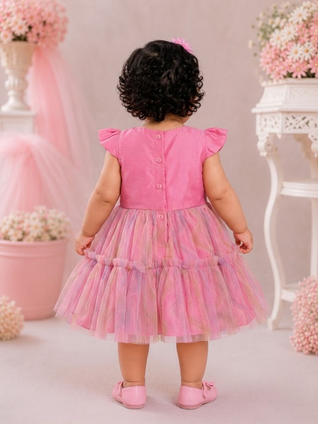 Pspeaches Baby Girl Pink Ethnic Solid Taffeta Flared Dress