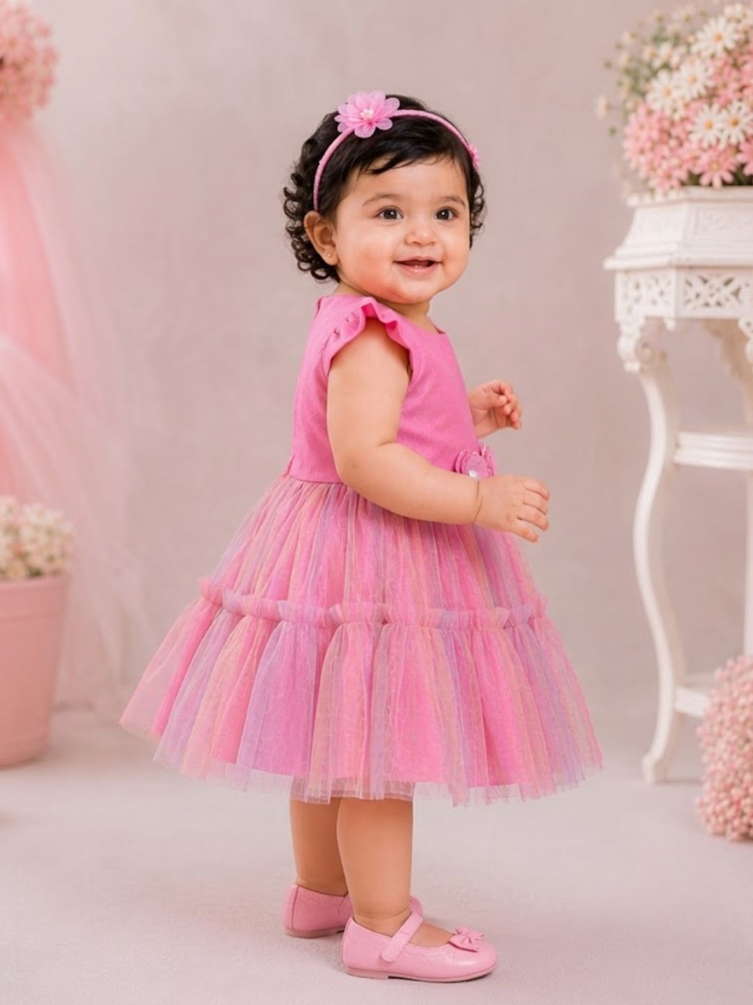 Pspeaches Baby Girl Pink Ethnic Solid Taffeta Flared Dress