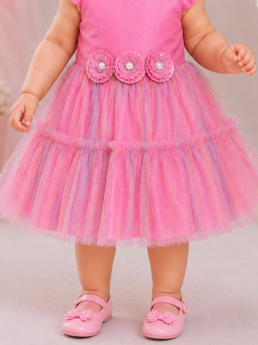Pspeaches Baby Girl Pink Ethnic Solid Taffeta Flared Dress