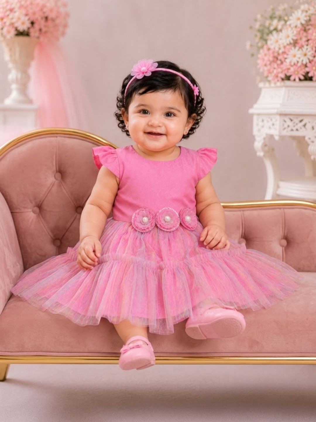 Pspeaches Baby Girl Pink Ethnic Solid Taffeta Flared Dress