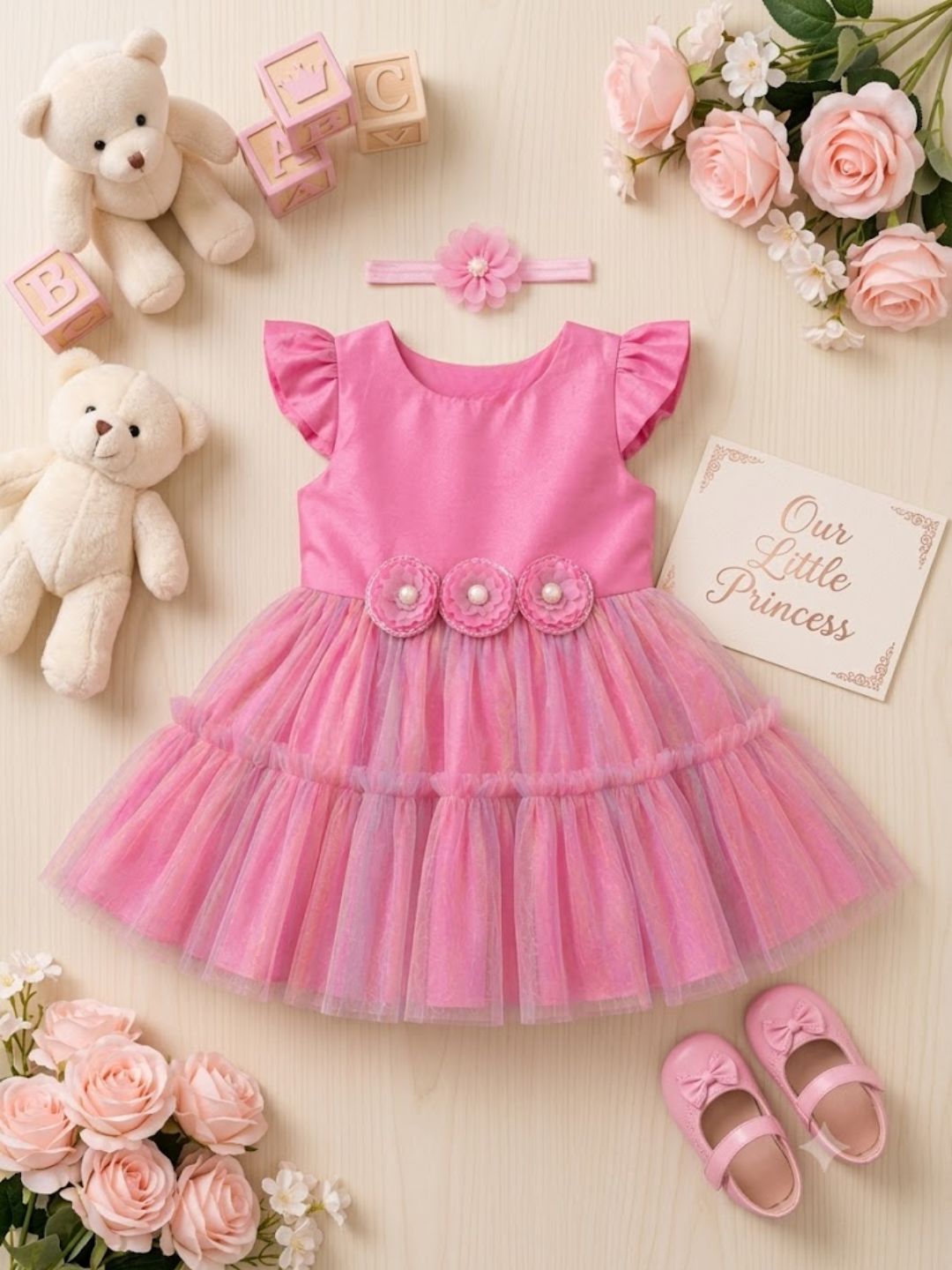 Pspeaches Baby Girl Pink Ethnic Solid Taffeta Flared Dress
