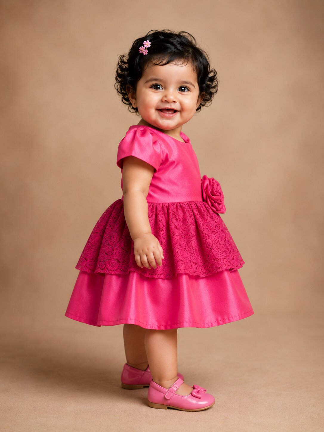 Pspeaches Baby Girl Magenta Ethnic Solid Taffeta Flared Dress