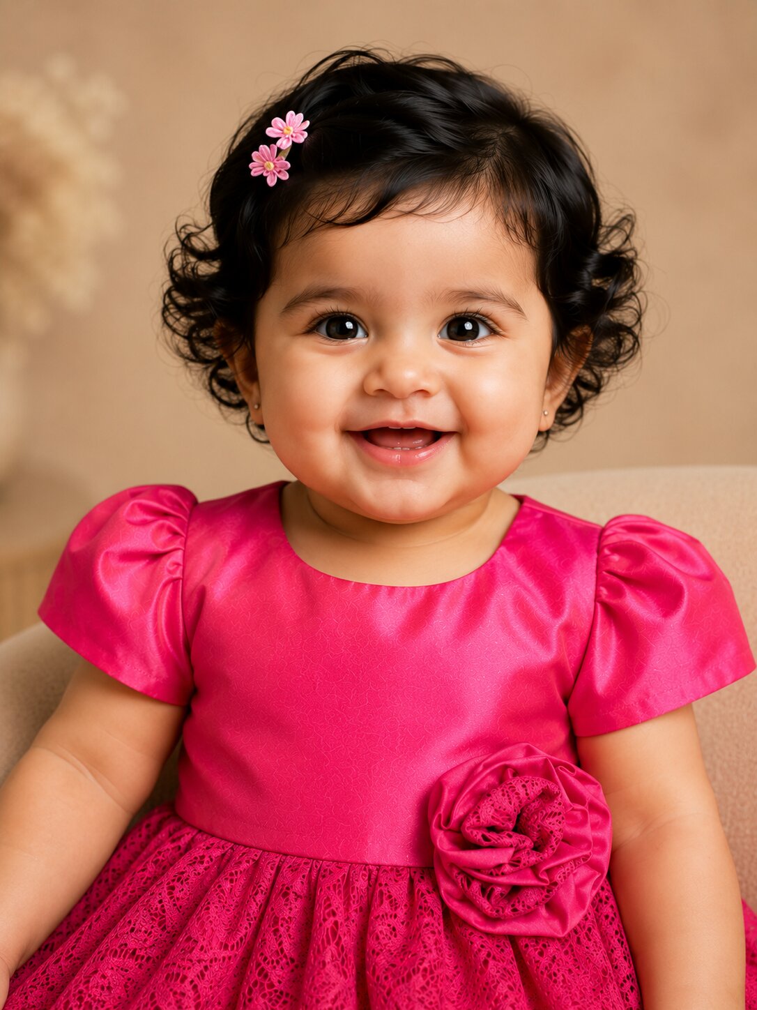 Pspeaches Baby Girl Magenta Ethnic Solid Taffeta Flared Dress