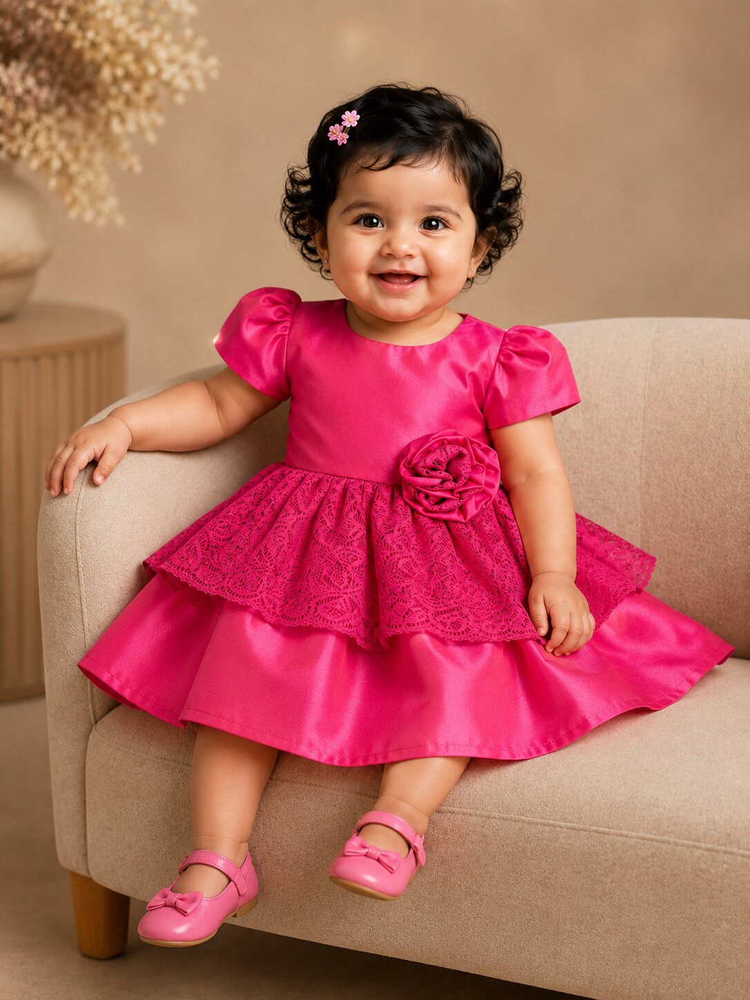 Pspeaches Baby Girl Magenta Ethnic Solid Taffeta Flared Dress