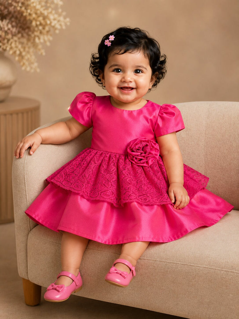 Pspeaches Baby Girl Magenta Ethnic Solid Taffeta Flared Dress