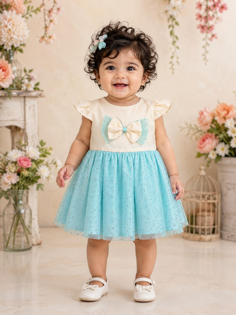 Pspeaches Baby Girl White & Blue Ethnic Cream & Dot Taffeta Flared Dress