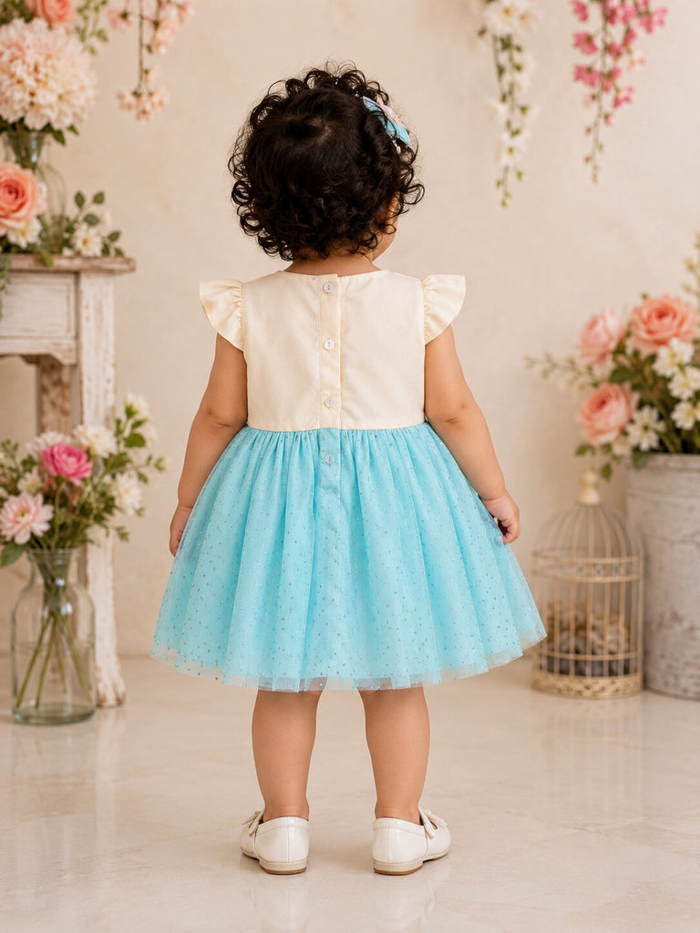 Pspeaches Baby Girl White & Blue Ethnic Cream & Dot Taffeta Flared Dress