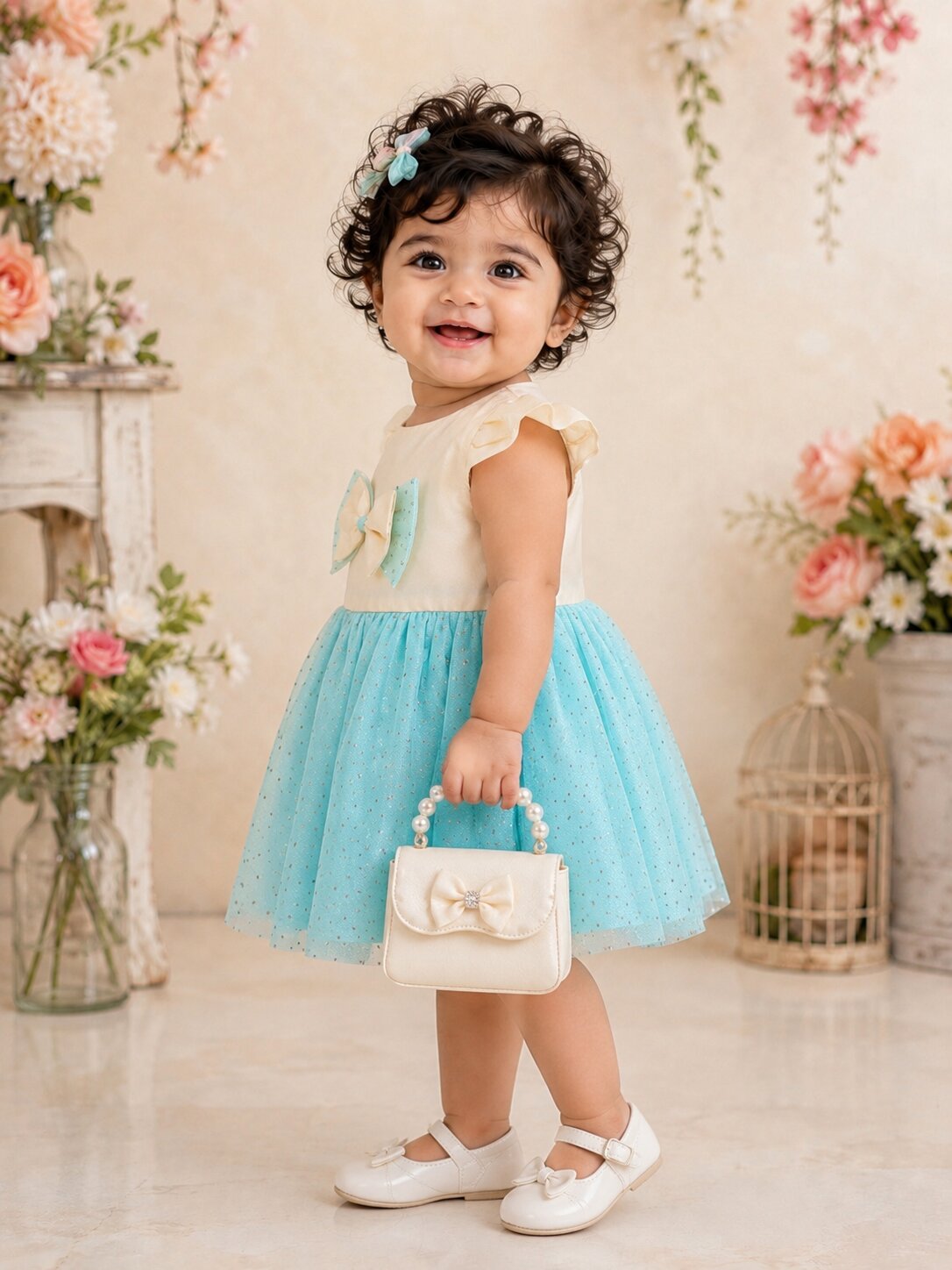 Pspeaches Baby Girl White & Blue Ethnic Cream & Dot Taffeta Flared Dress