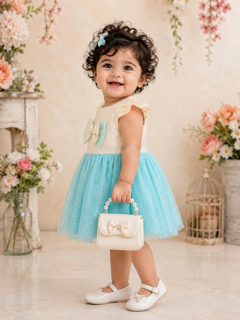 Pspeaches Baby Girl White & Blue Ethnic Cream & Dot Taffeta Flared Dress