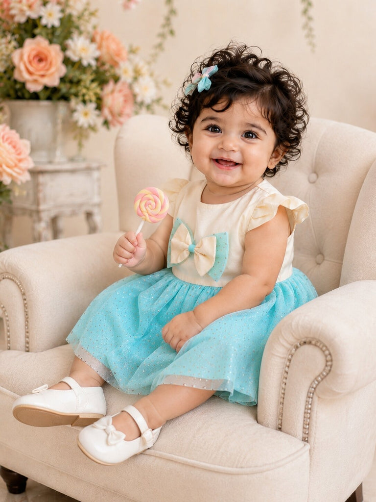 Pspeaches Baby Girl White & Blue Ethnic Cream & Dot Taffeta Flared Dress