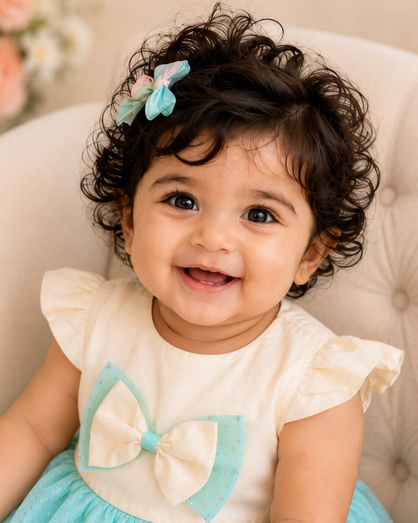 Pspeaches Baby Girl White & Blue Ethnic Cream & Dot Taffeta Flared Dress