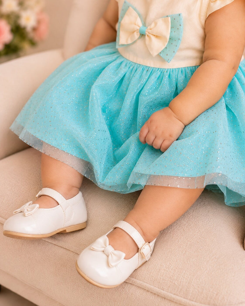 Pspeaches Baby Girl White & Blue Ethnic Cream & Dot Taffeta Flared Dress