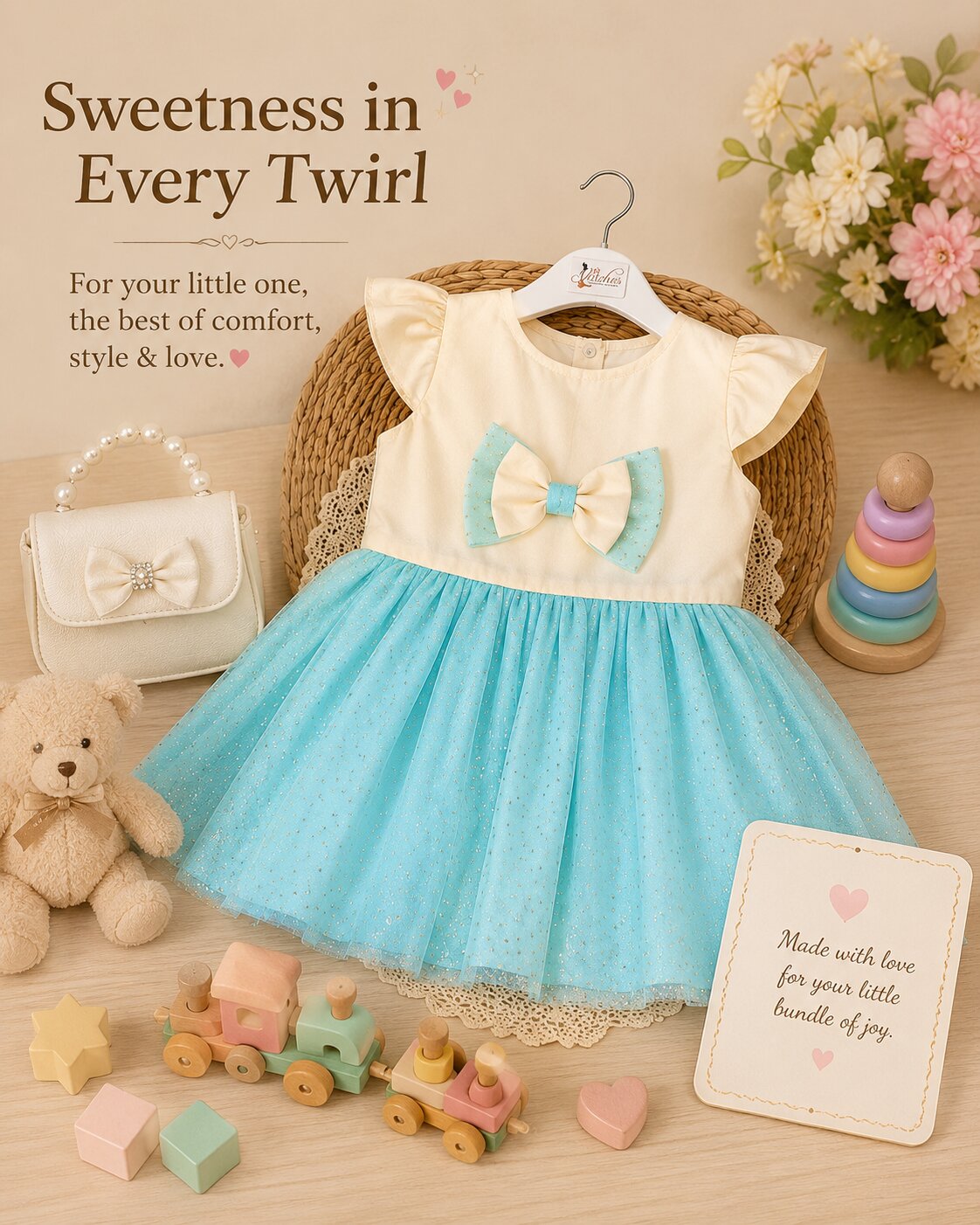 Pspeaches Baby Girl White & Blue Ethnic Cream & Dot Taffeta Flared Dress