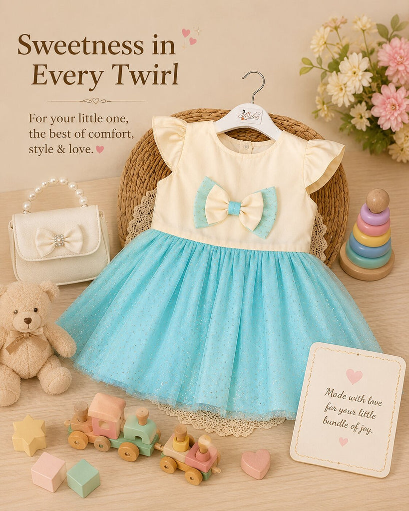 Pspeaches Baby Girl White & Blue Ethnic Cream & Dot Taffeta Flared Dress