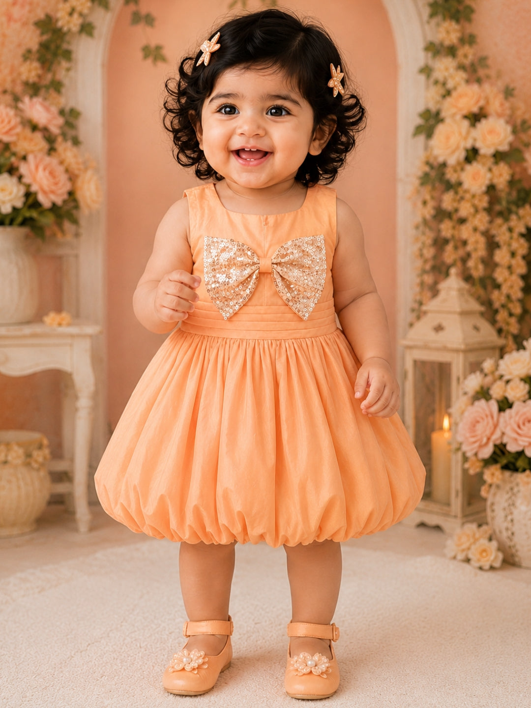 Pspeaches Baby Girl Peach Ethnic Solid Taffeta Flared Dress