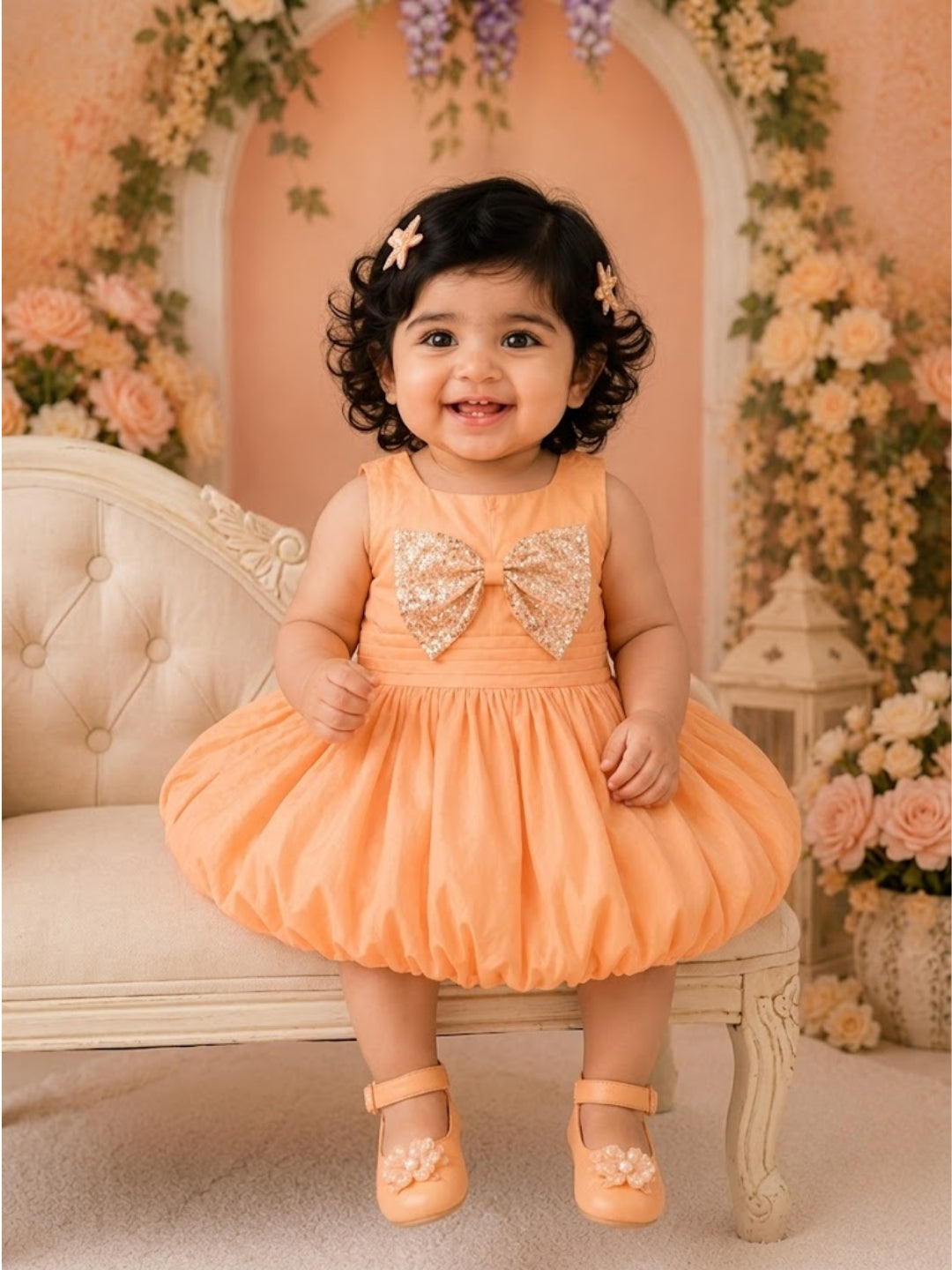 Pspeaches Baby Girl Peach Ethnic Solid Taffeta Flared Dress