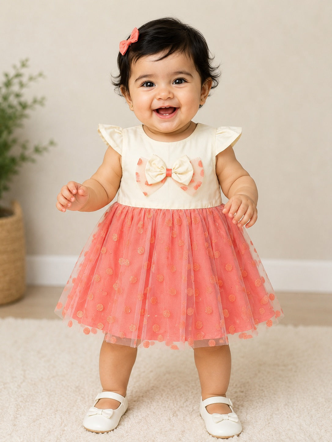 Pspeaches Baby Girl White & Peach Ethnic Solid & Foil Net Taffeta Flared Dress
