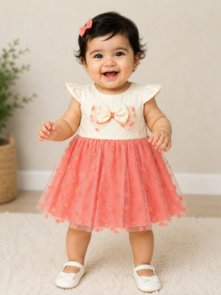 Pspeaches Baby Girl White & Peach Ethnic Solid & Foil Net Taffeta Flared Dress