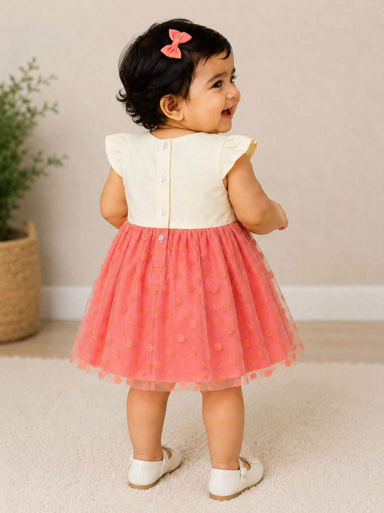 Pspeaches Baby Girl White & Peach Ethnic Solid & Foil Net Taffeta Flared Dress