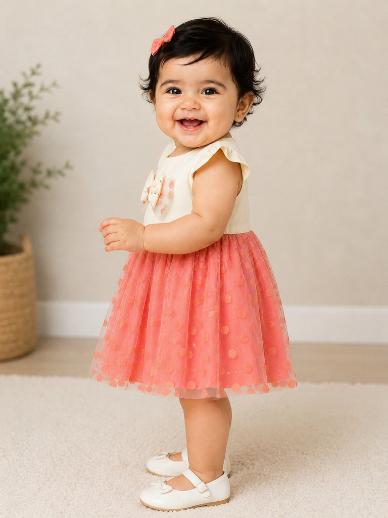 Pspeaches Baby Girl White & Peach Ethnic Solid & Foil Net Taffeta Flared Dress