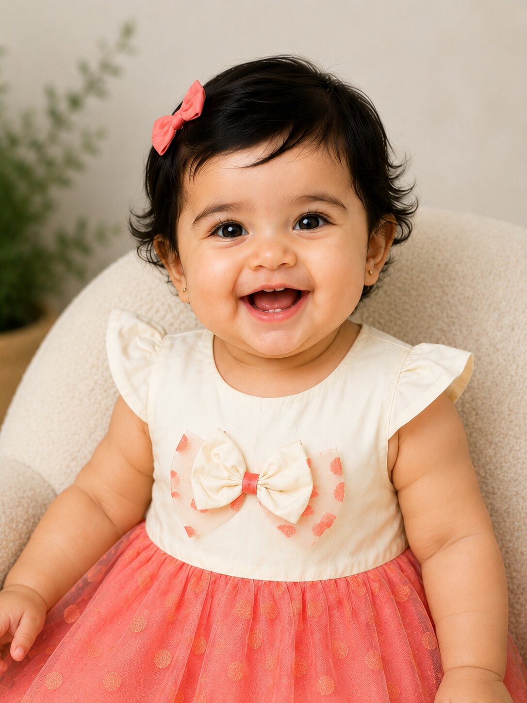 Pspeaches Baby Girl White & Peach Ethnic Solid & Foil Net Taffeta Flared Dress