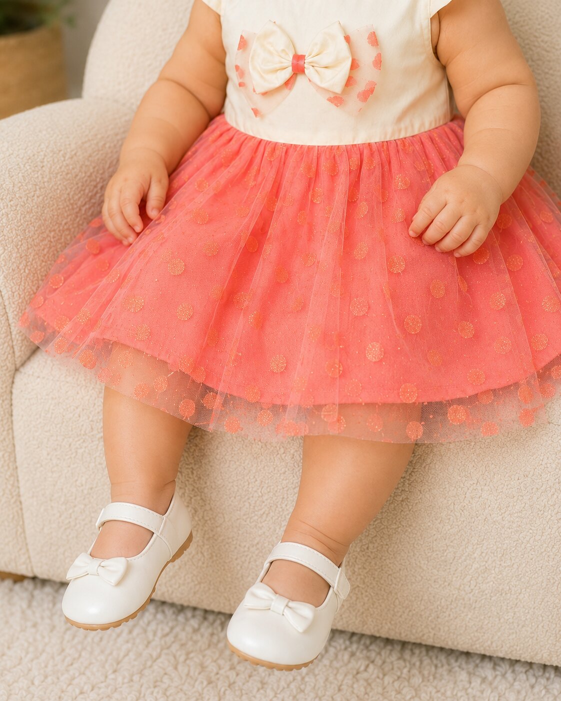 Pspeaches Baby Girl White & Peach Ethnic Solid & Foil Net Taffeta Flared Dress