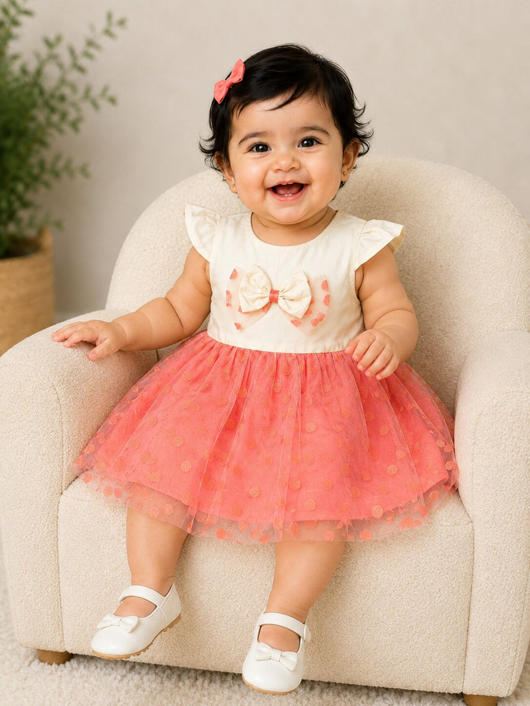 Pspeaches Baby Girl White & Peach Ethnic Solid & Foil Net Taffeta Flared Dress