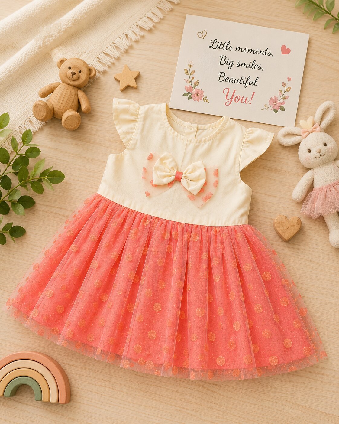 Pspeaches Baby Girl White & Peach Ethnic Solid & Foil Net Taffeta Flared Dress