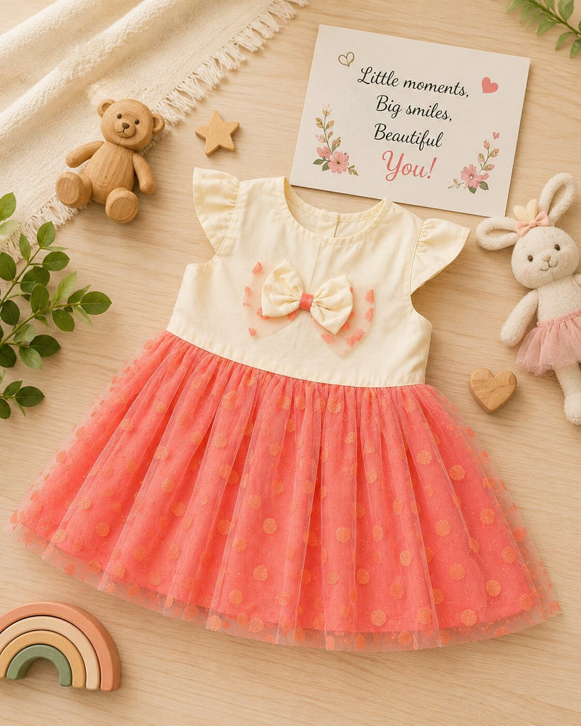 Pspeaches Baby Girl White & Peach Ethnic Solid & Foil Net Taffeta Flared Dress