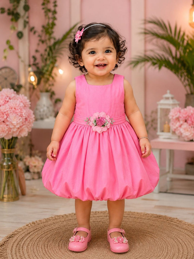 Pspeaches Baby Girl Pink Ethnic Solid Taffeta Flared Dress