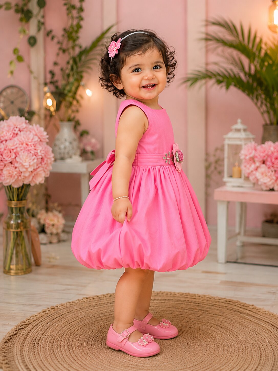 Pspeaches Baby Girl Pink Ethnic Solid Taffeta Flared Dress