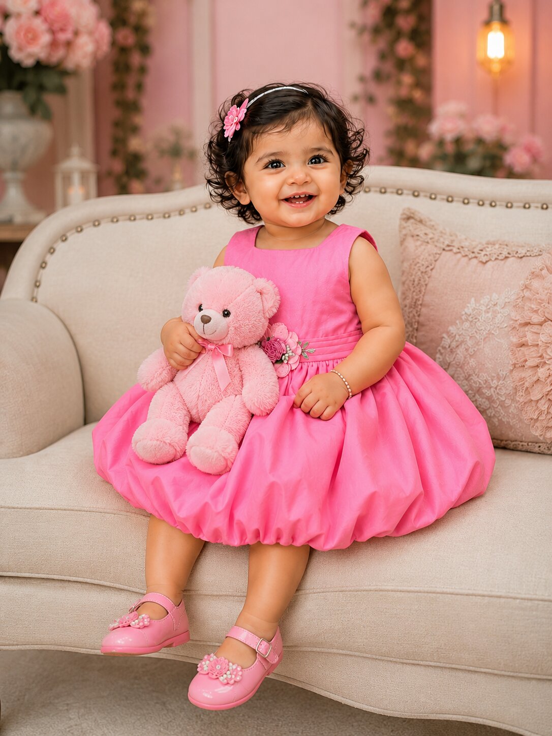 Pspeaches Baby Girl Pink Ethnic Solid Taffeta Flared Dress