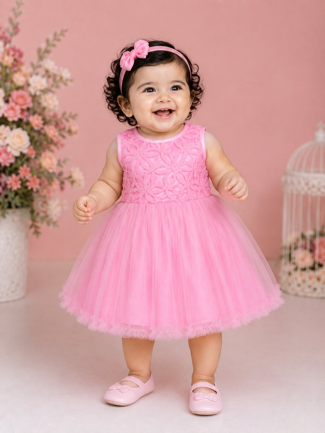 Pspeaches Baby Girl Pink Ethnic Solid Satin Flared Dress