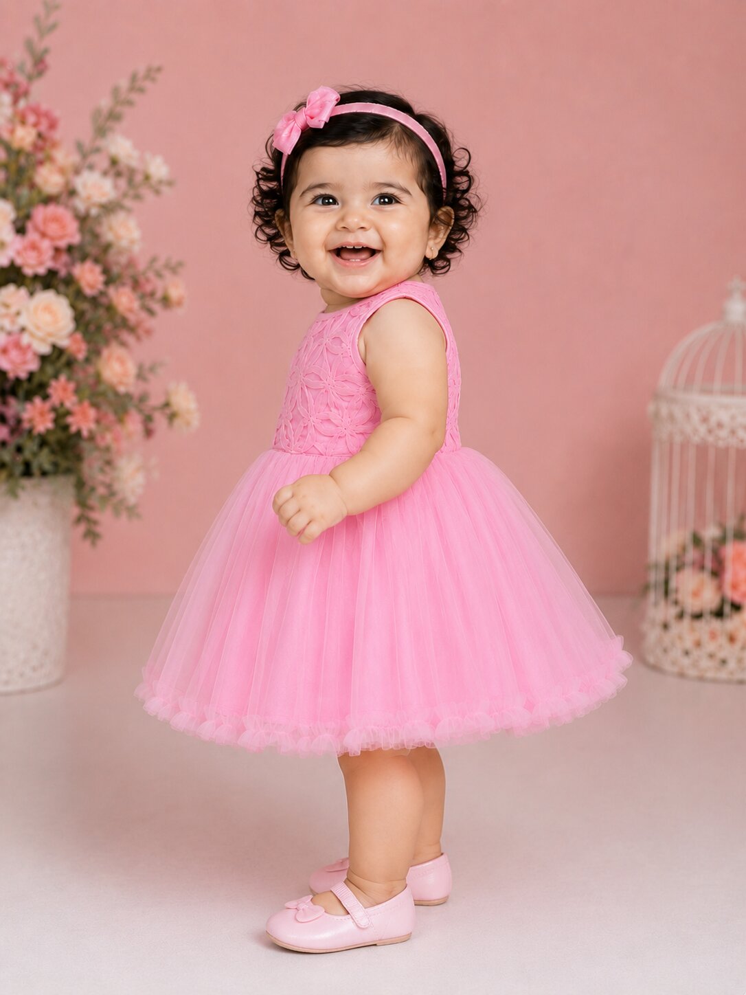 Pspeaches Baby Girl Pink Ethnic Solid Satin Flared Dress