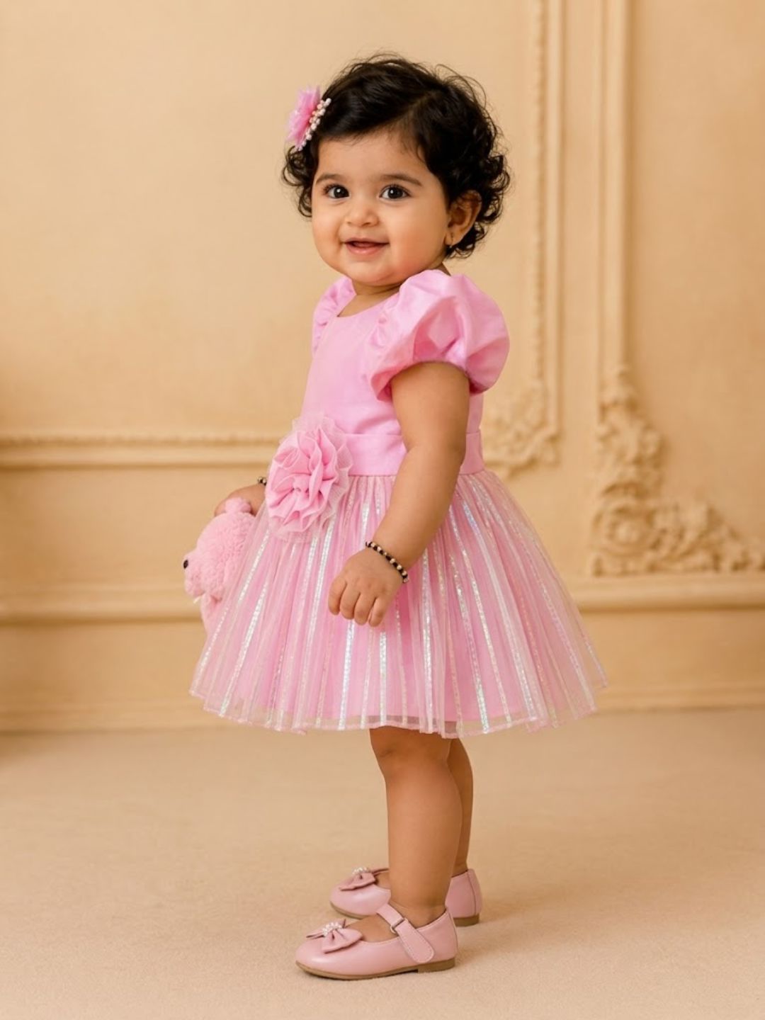 Pspeaches Baby Girls Pink Ethnic Tulle Net Taffeta Asymmetric Dress
