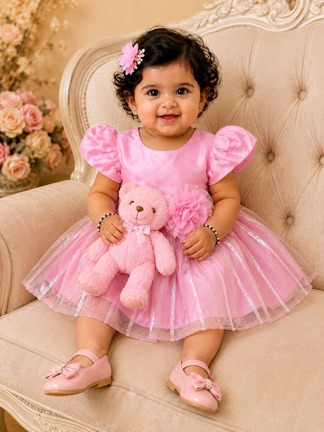 Pspeaches Baby Girls Pink Ethnic Tulle Net Taffeta Asymmetric Dress