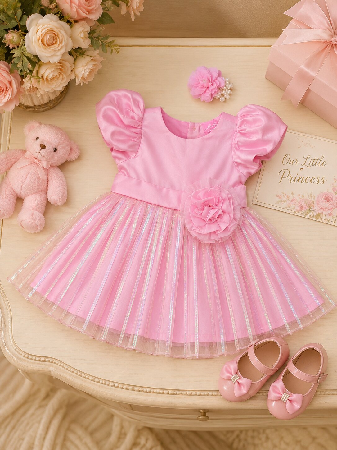 Pspeaches Baby Girls Pink Ethnic Tulle Net Taffeta Asymmetric Dress