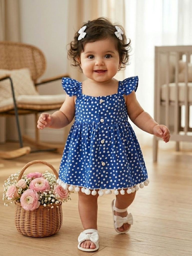 Pspeaches Baby Girl Blue Ethnic Polka Dot Poplin Flared Dress