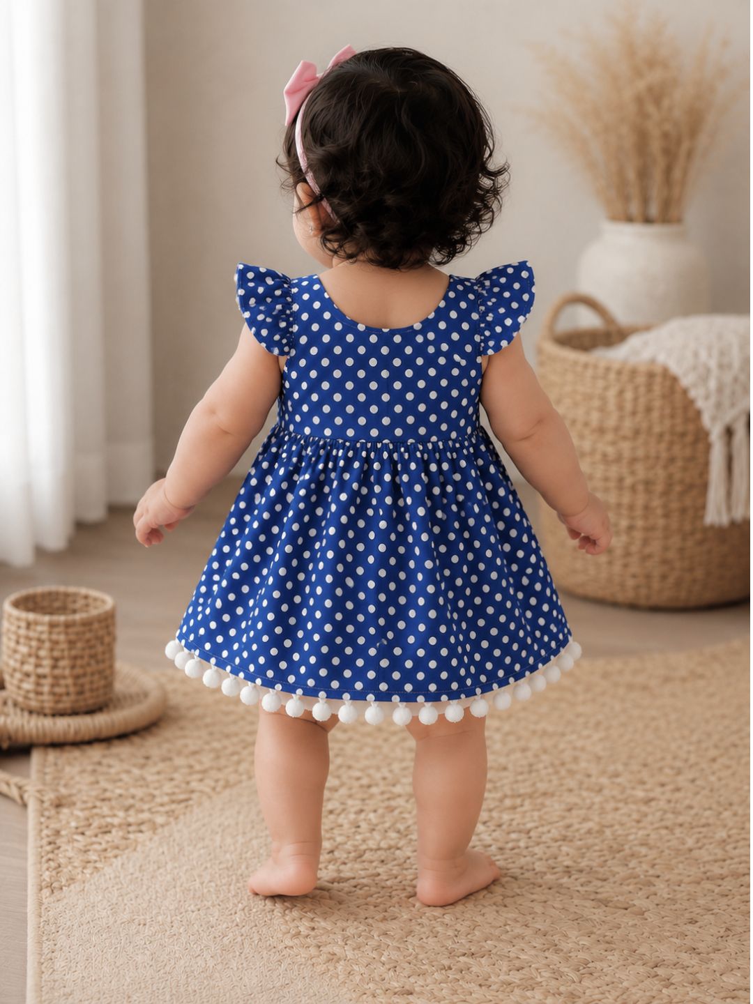 Pspeaches Baby Girl Blue Ethnic Polka Dot Poplin Flared Dress