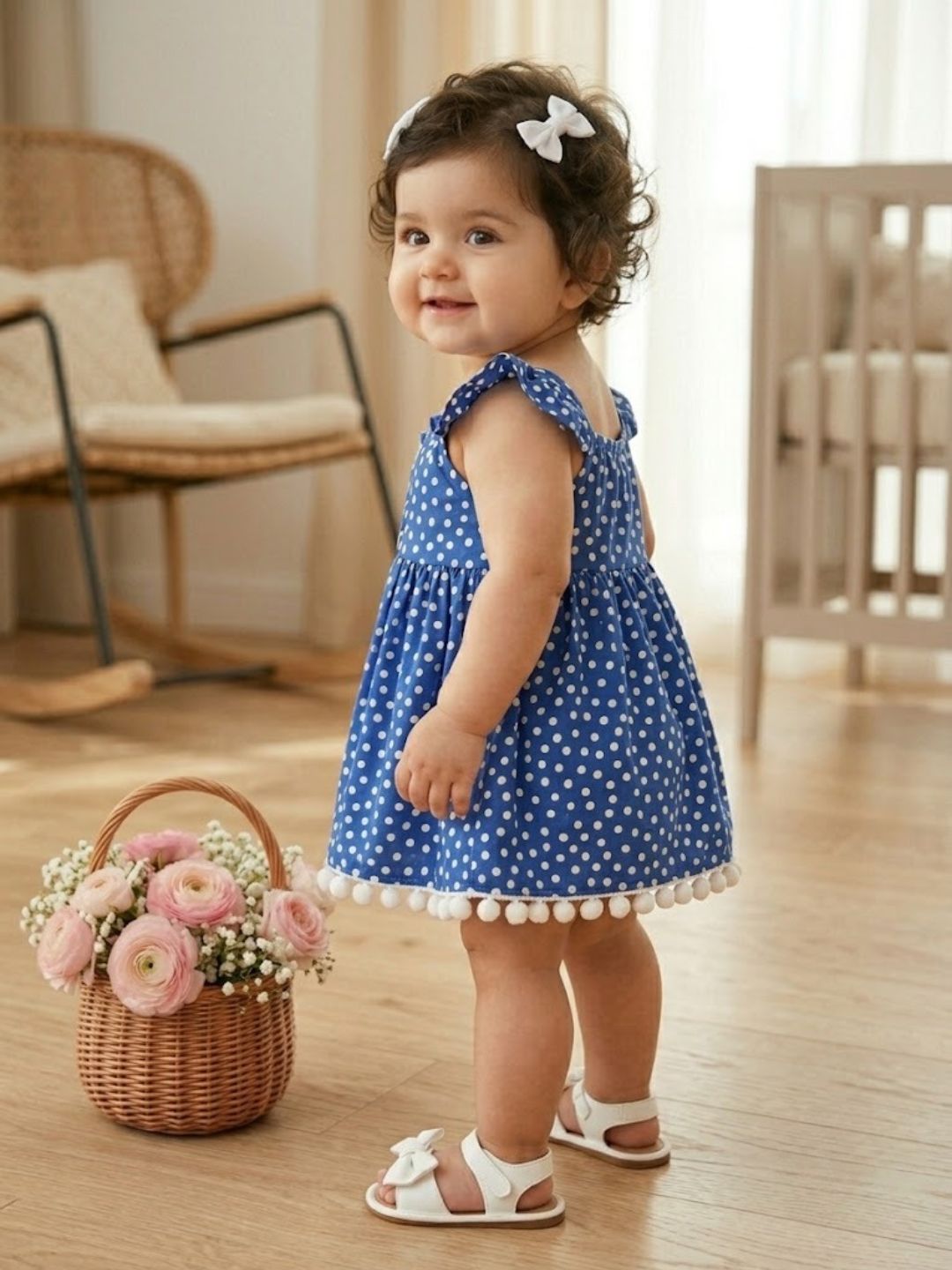 Pspeaches Baby Girl Blue Ethnic Polka Dot Poplin Flared Dress