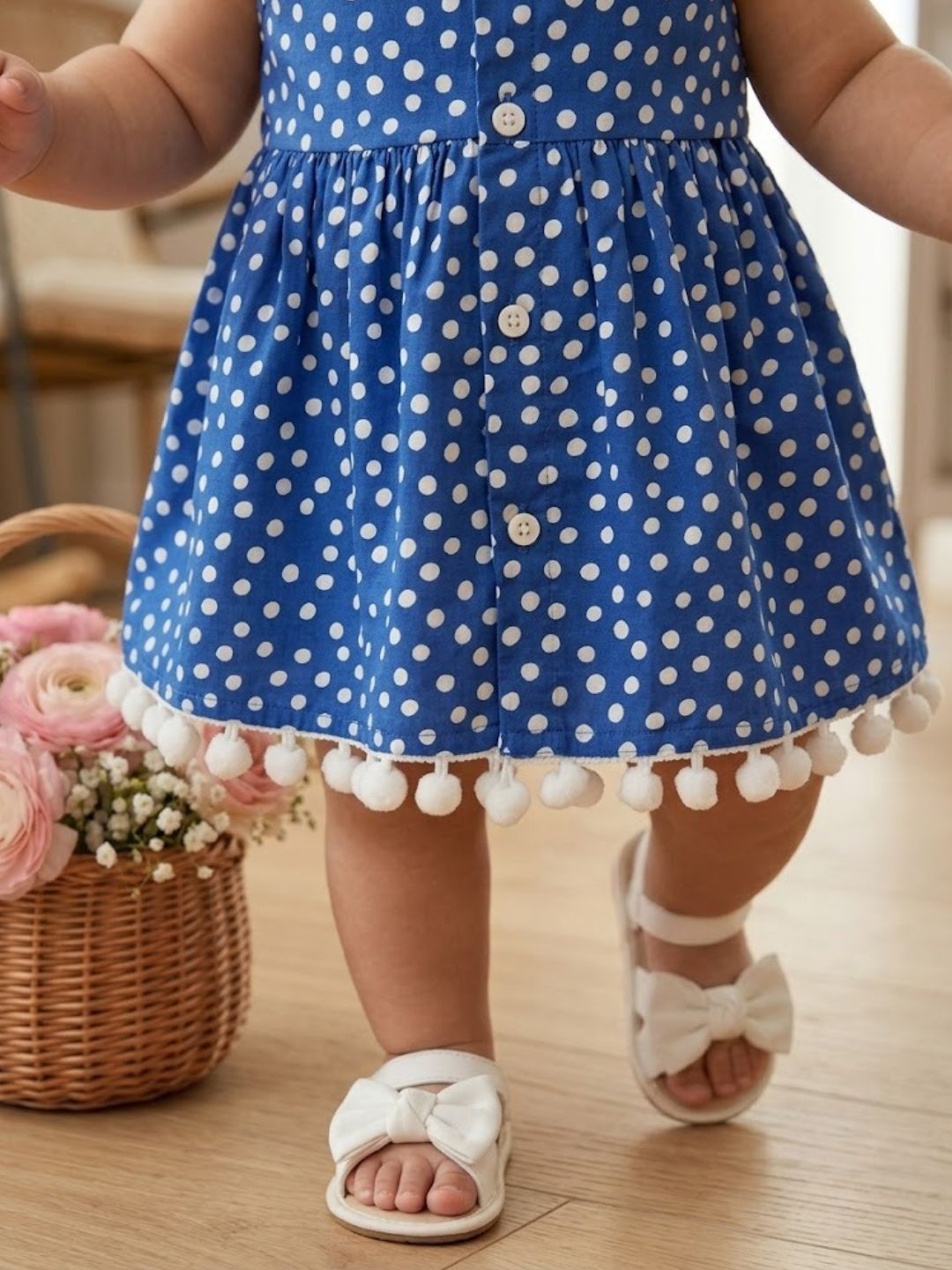 Pspeaches Baby Girl Blue Ethnic Polka Dot Poplin Flared Dress