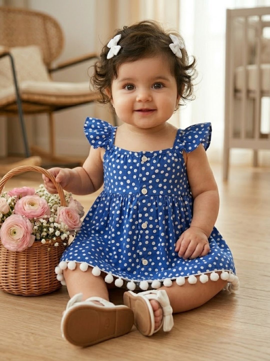 Pspeaches Baby Girl Blue Ethnic Polka Dot Poplin Flared Dress
