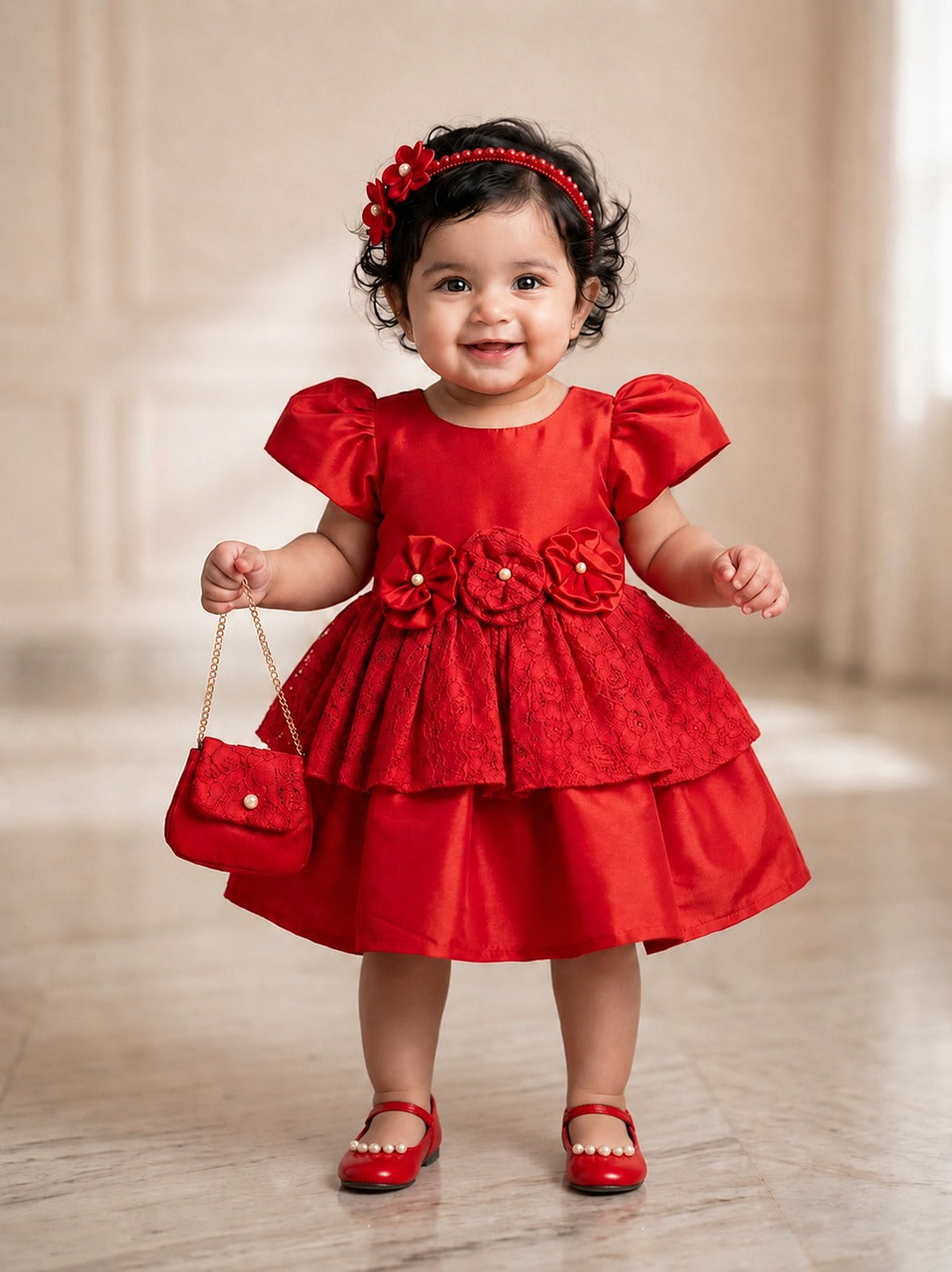 Pspeaches Baby Girl Red Ethnic Solid Taffeta Flared Dress