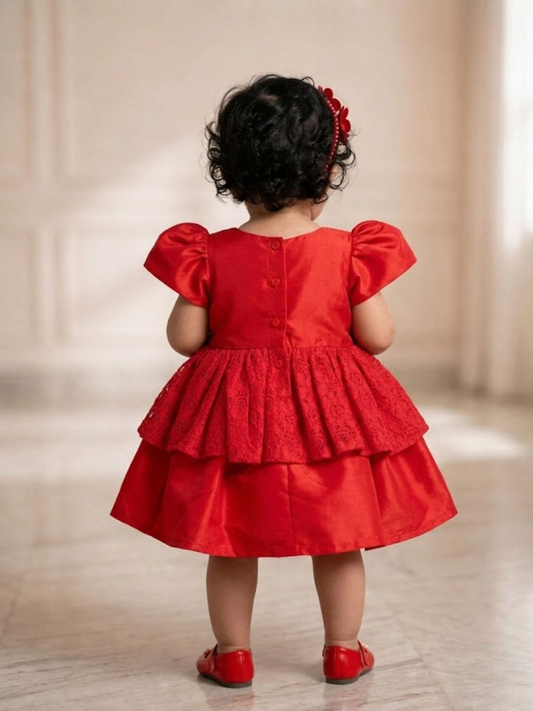 Pspeaches Baby Girl Red Ethnic Solid Taffeta Flared Dress