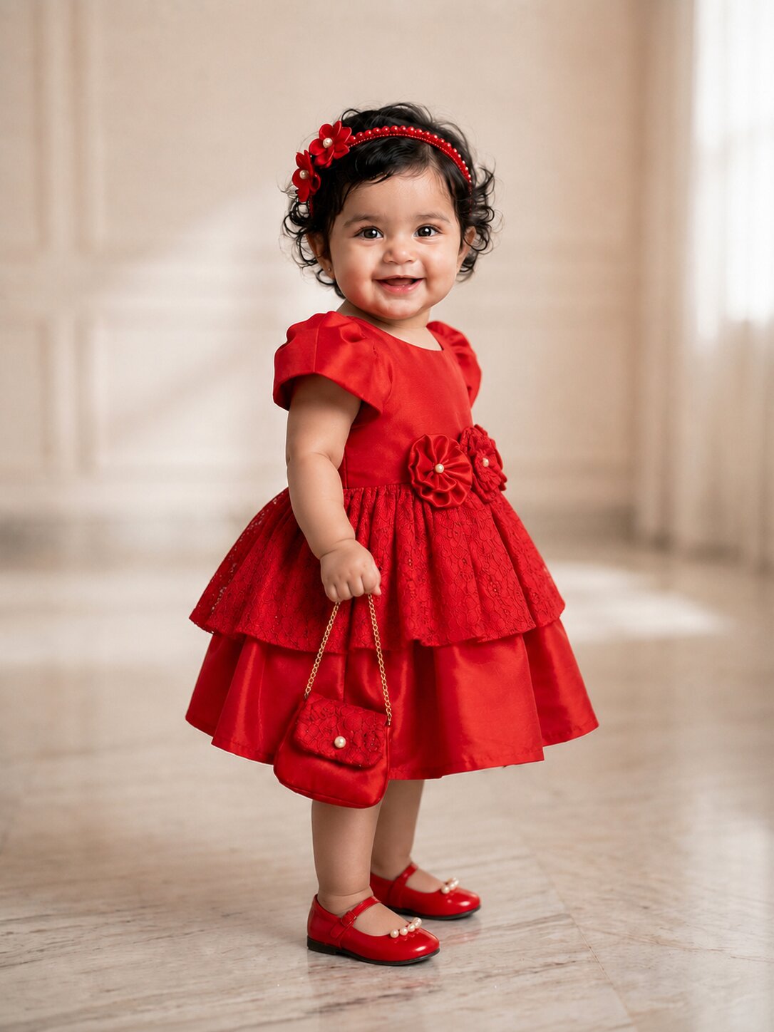 Pspeaches Baby Girl Red Ethnic Solid Taffeta Flared Dress