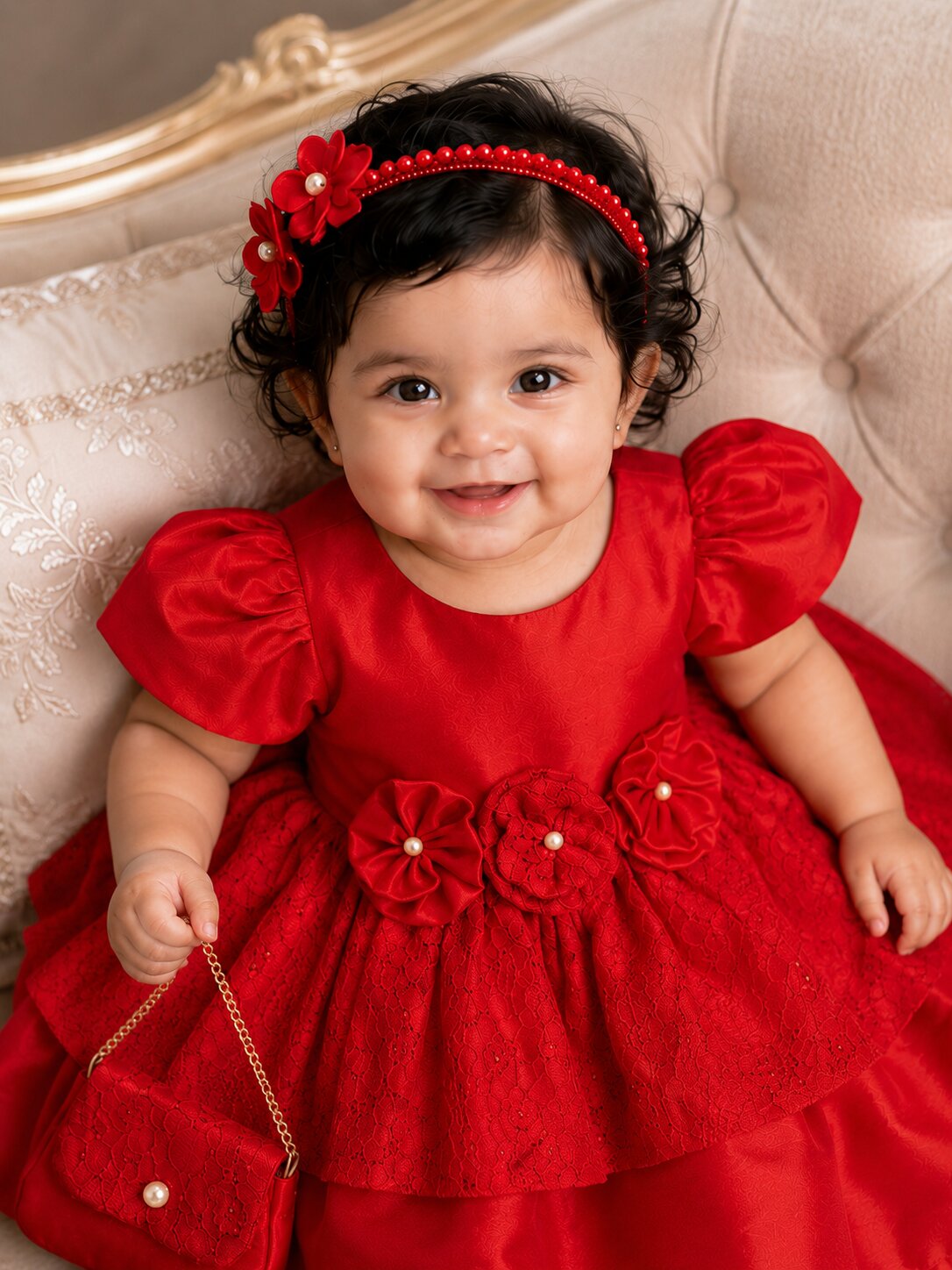 Pspeaches Baby Girl Red Ethnic Solid Taffeta Flared Dress