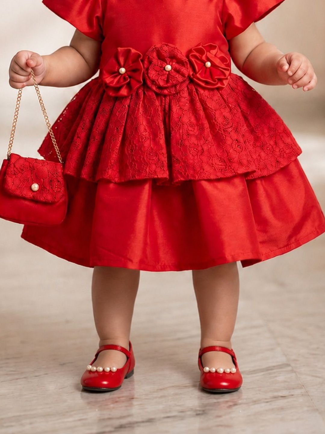 Pspeaches Baby Girl Red Ethnic Solid Taffeta Flared Dress