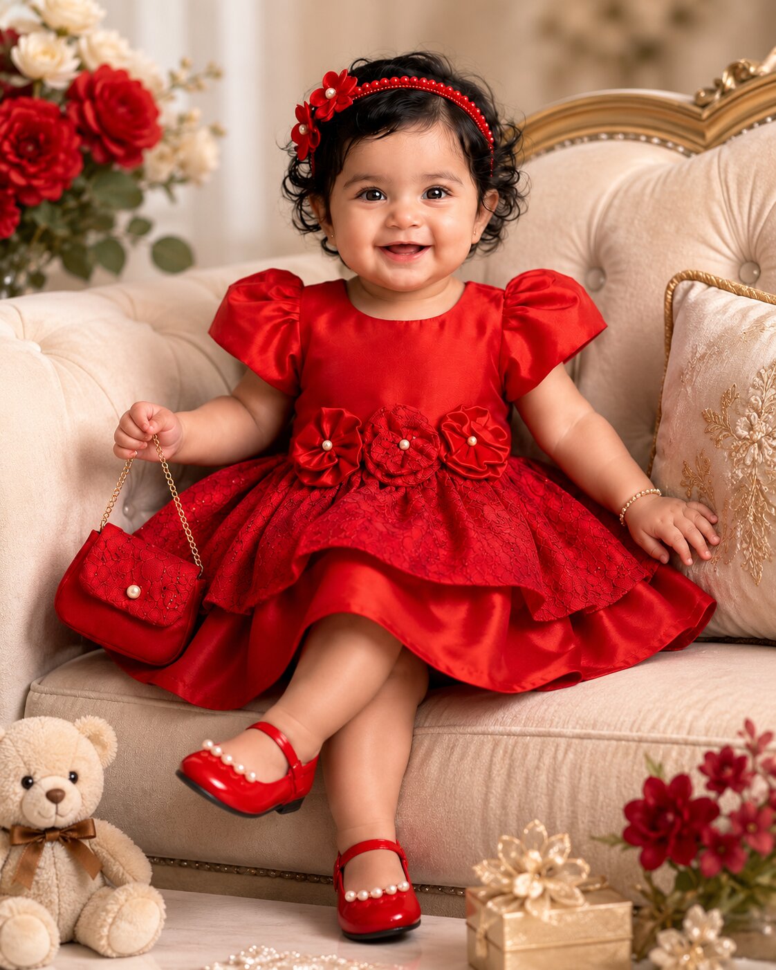Pspeaches Baby Girl Red Ethnic Solid Taffeta Flared Dress