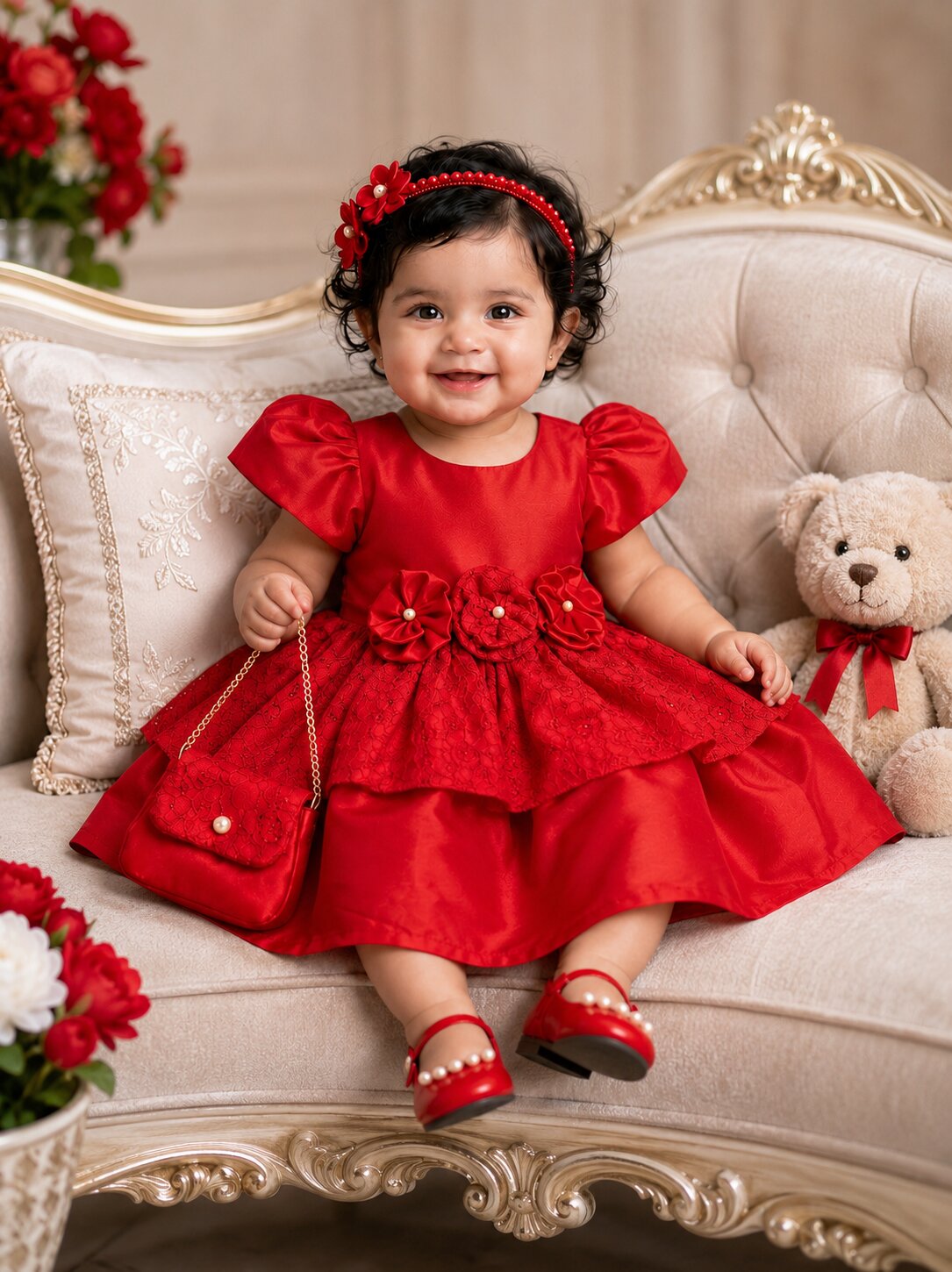 Pspeaches Baby Girl Red Ethnic Solid Taffeta Flared Dress